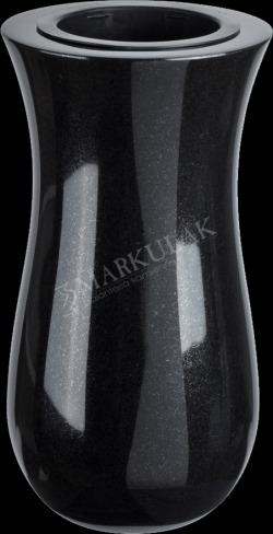 Wazon nagrobny z czarnego, polerowanego kamienia z widocznym logotypem producenta.