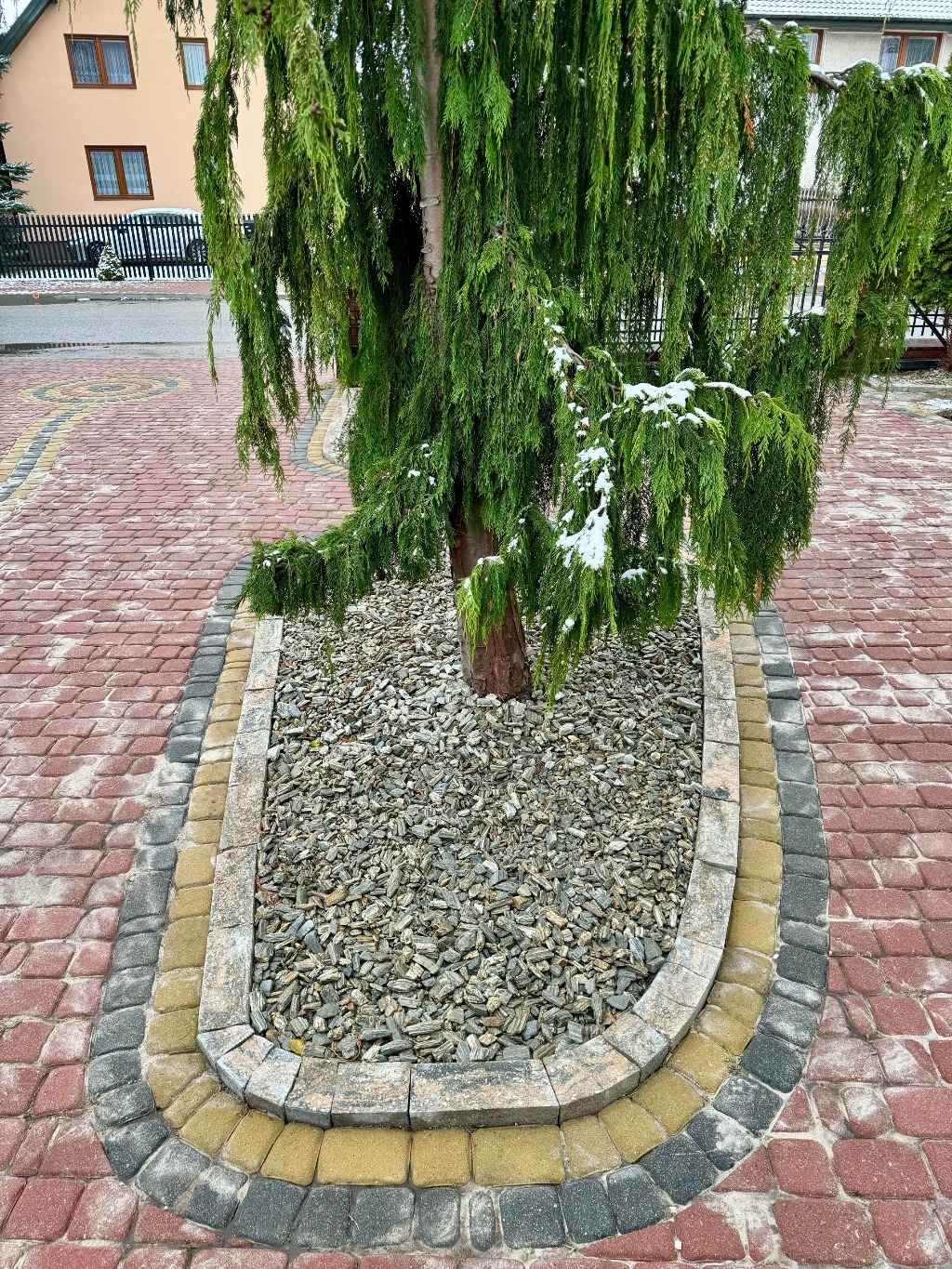 Obrzeże z kostki brukowej w trzech kolorach otaczające drzewo iglaste z korą rozsypaną wokół pnia, czerwona kostka brukowa na podjeździe, w tle dom jednorodzinny.