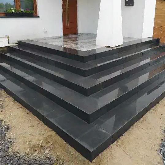 Schody wejściowe wyłożone ciemną kostką granitową, widoczne ślady wilgoci, jasna elewacja budynku w tle.