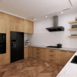 Nowoczesna kuchnia z drewnianymi frontami szafek, czarnym sprzętem AGD (lodówka, piekarnik, płyta grzewcza, okap) i marmurowym blatem, oświetlona punktowymi lampami sufitowymi oraz drewnianymi...