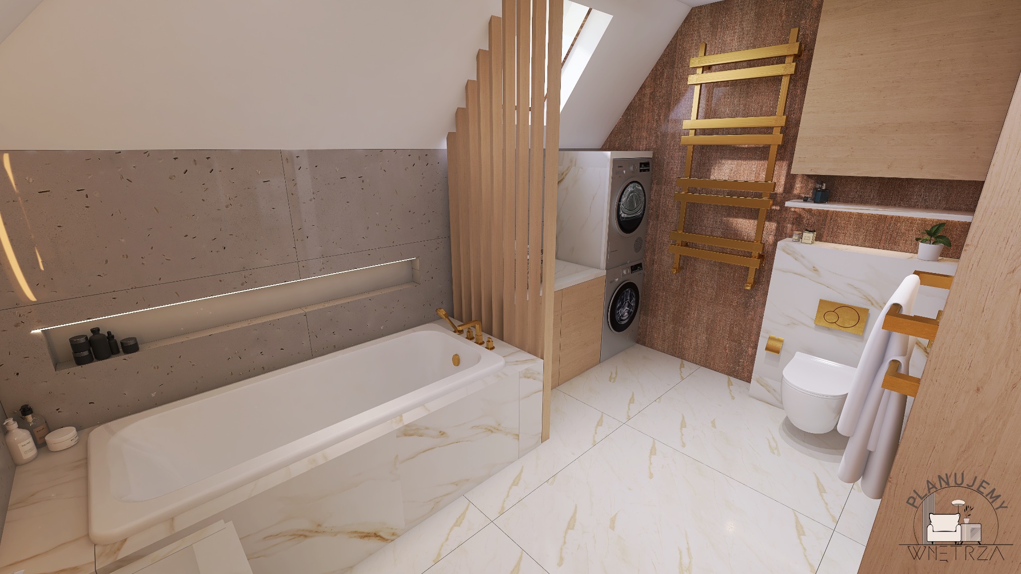 Wizualizacja nowoczesnej łazienki na poddaszu w Warszawie z wanną, pralką i suszarką w zabudowie, złotymi akcentami i drewnianą ścianką działową.