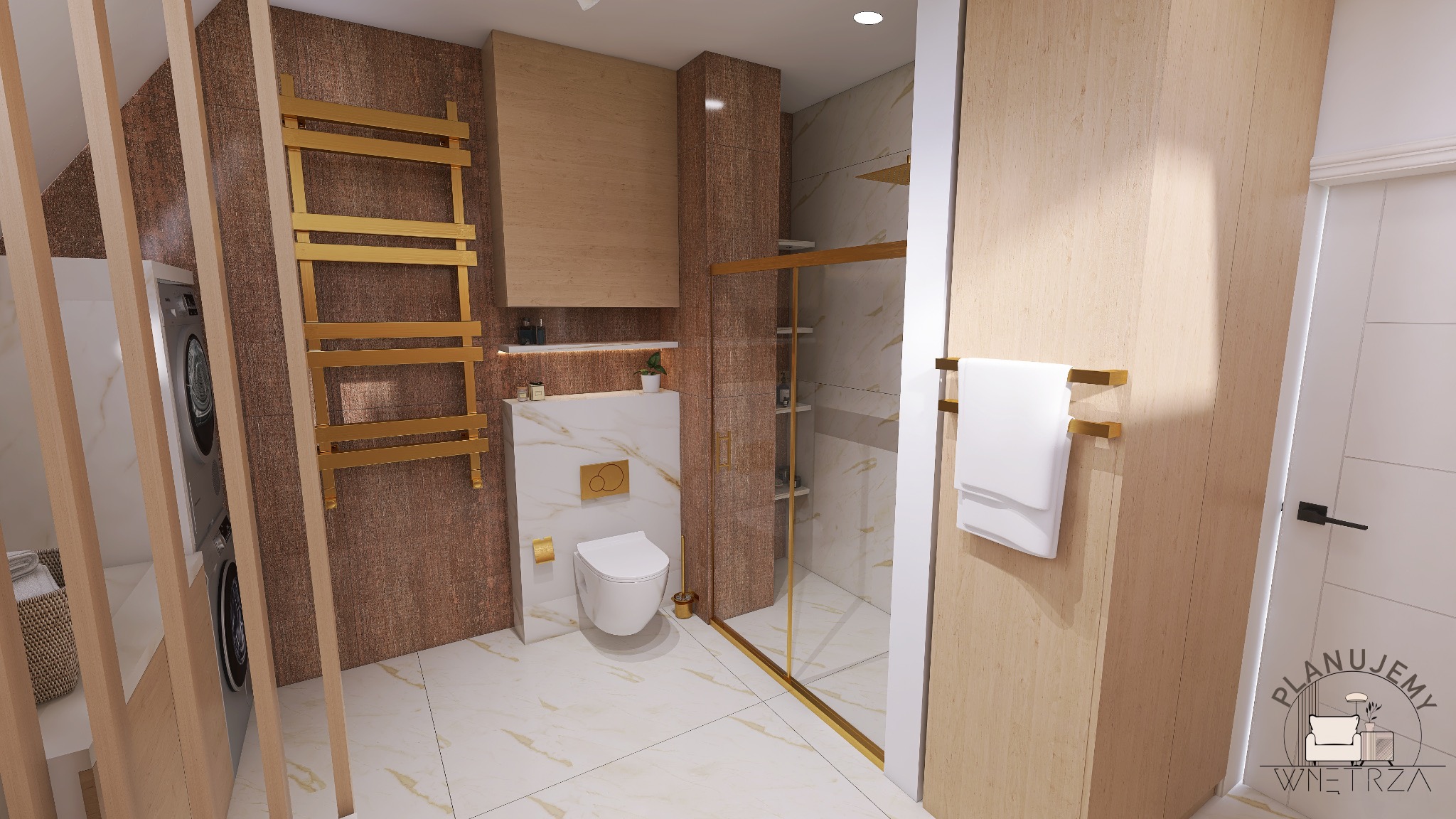 Wizualizacja nowoczesnej łazienki z marmurową podłogą, złotymi akcentami, wiszącą toaletą, prysznicem typu walk-in i pralką ukrytą za drewnianymi lamelami.