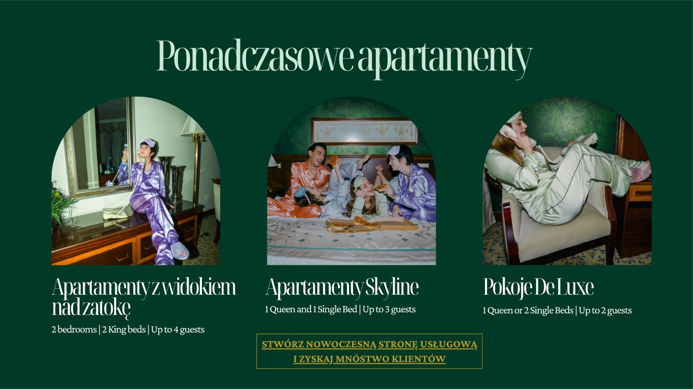 Kompozycja trzech zdjęć promujących apartamenty: kobieta w fioletowej piżamie rozmawia przez telefon siedząc na komodzie, grupa przyjaciół je pizzę leżąc na łóżku, kobieta w zielonej piżamie...