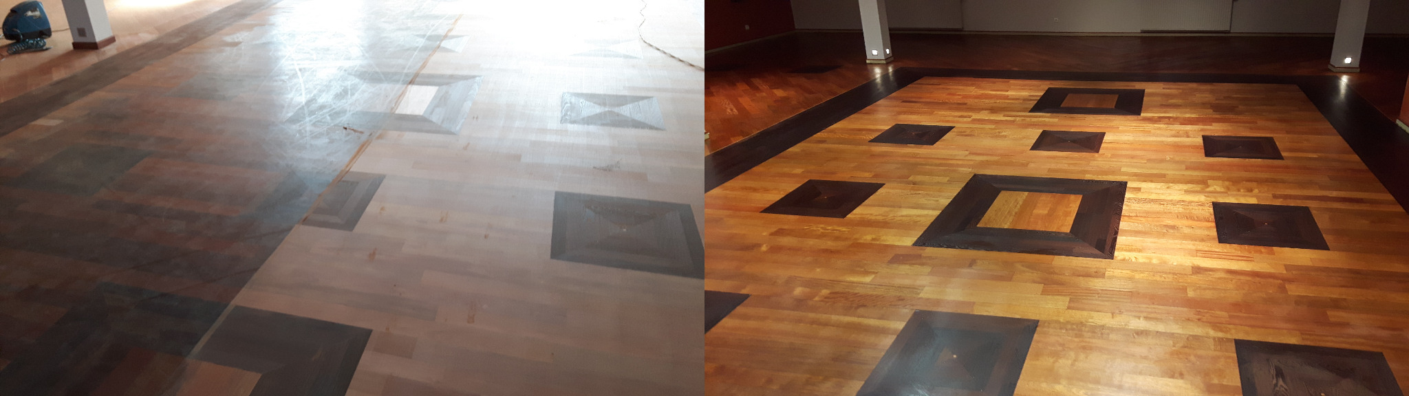 Parkiet z wzorem kwadratów, połowa powierzchni po renowacji, druga w trakcie szlifowania, widoczne różnice w kolorze i połysku, maszyna do szlifowania w rogu.