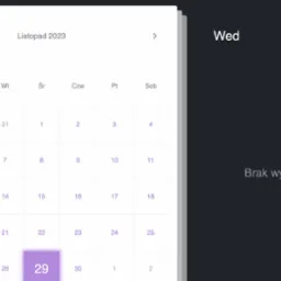 Ekran kalendarza cyfrowego z podświetlonym dniem 29 listopada 2023 roku, wyświetlający informację 'Brak wydarzeń'.