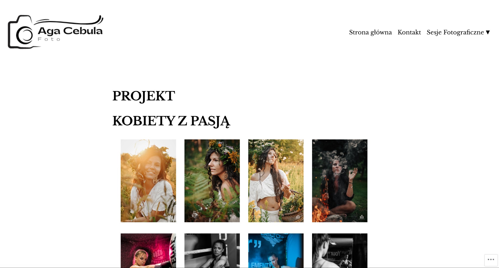Strona internetowa fotografa Aga Cebula Foto prezentująca projekt 'Kobiety z pasją', z galerią zdjęć portretowych kobiet w naturalnym otoczeniu.
