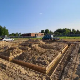 Wykonane deskowanie i zbrojenie pod fundamenty domu jednorodzinnego, widoczne wykopane rowy wypełnione piaskiem, na działce zaparkowane dwa samochody osobowe, w tle zabudowa jednorodzinna.
