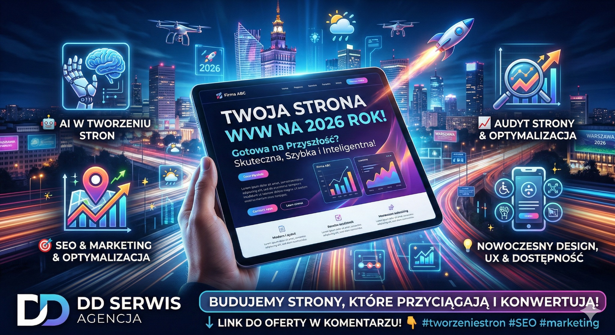 Tablet prezentuje stronę WWW z hasłem 'Twoja strona WWW na 2026 rok!' na tle panoramy Warszawy z futurystycznymi elementami graficznymi i hasłami reklamowymi.