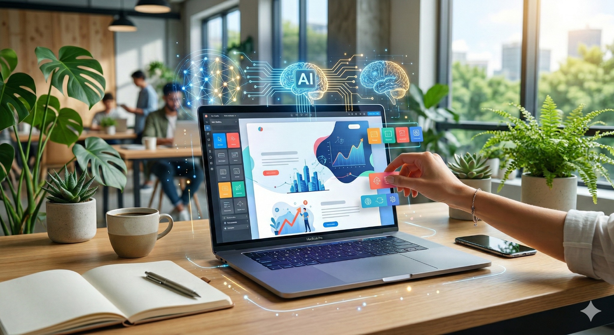 Laptop z interfejsem AI do projektowania stron WWW, dłoń przesuwa ikonę. W tle biuro z roślinami i pracownikami. Nowoczesny design, jasne oświetlenie.