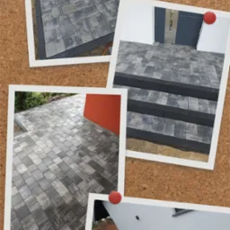 Kompozycja zdjęć przedstawiających ułożoną kostkę brukową przed domem, w tym schody wejściowe i chodnik, z widocznymi różnymi wzorami i kolorami kostki, umieszczonych na korkowej tablicy.