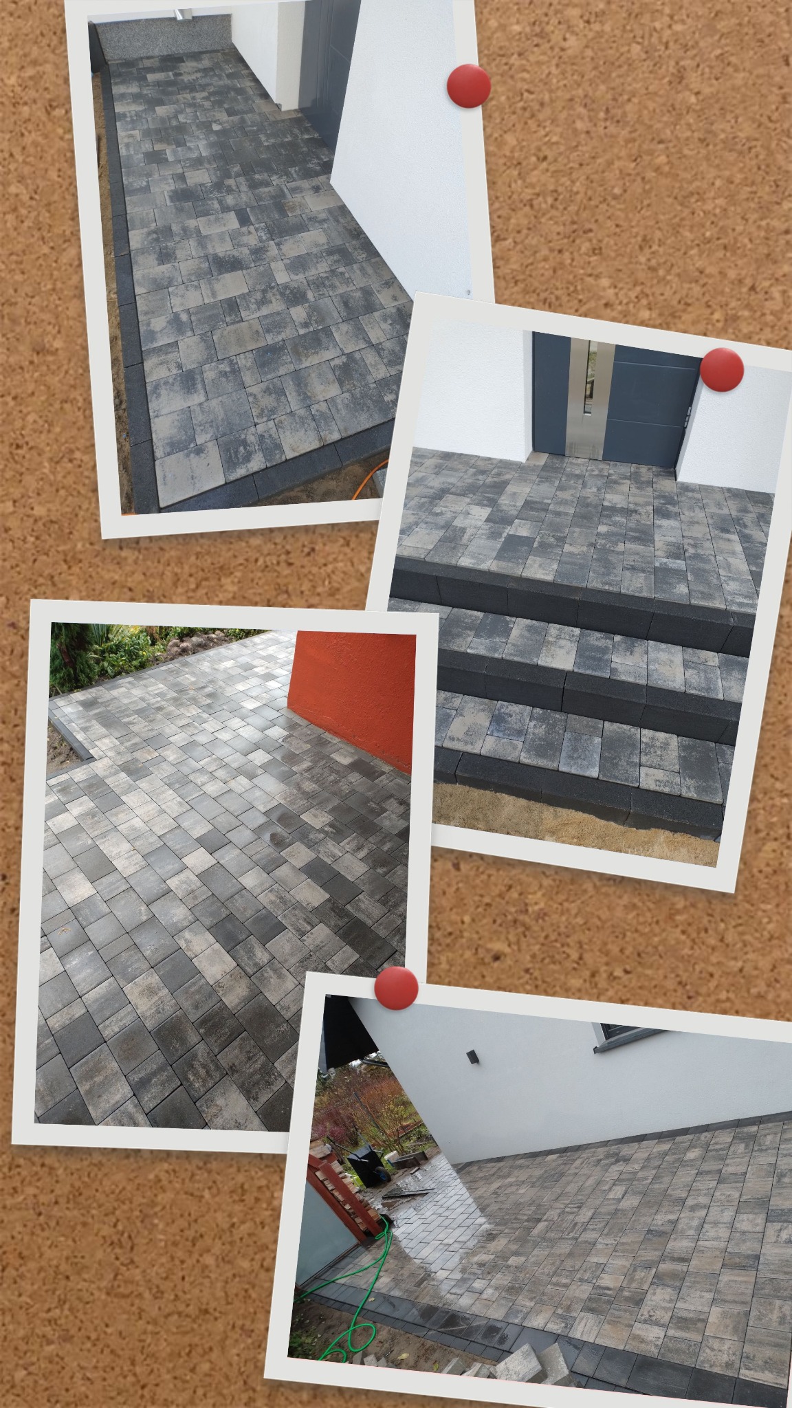 Kompozycja zdjęć przedstawiających ułożoną kostkę brukową przed domem, w tym schody wejściowe i chodnik, z widocznymi różnymi wzorami i kolorami kostki, umieszczonych na korkowej tablicy.