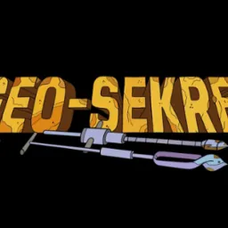 Animowany napis GEO-SEKRET z teksturą ziemi, obok leżą narzędzia do pobierania próbek gruntu i mały kopiec ziemi.