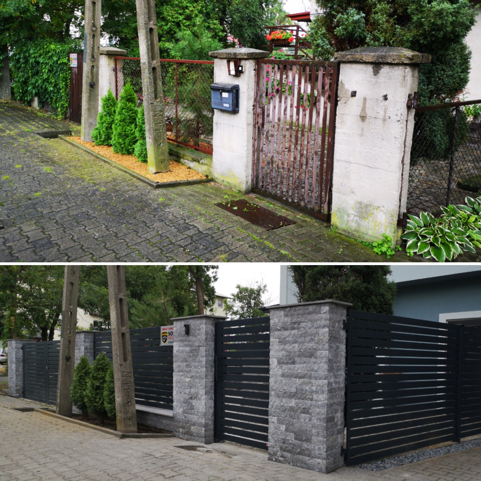 Porównanie dwóch ogrodzeń: stare, betonowe z rdzewiejącą bramą i nowsze, z poziomych paneli i kamiennych słupków, oddzielających posesje od chodnika.