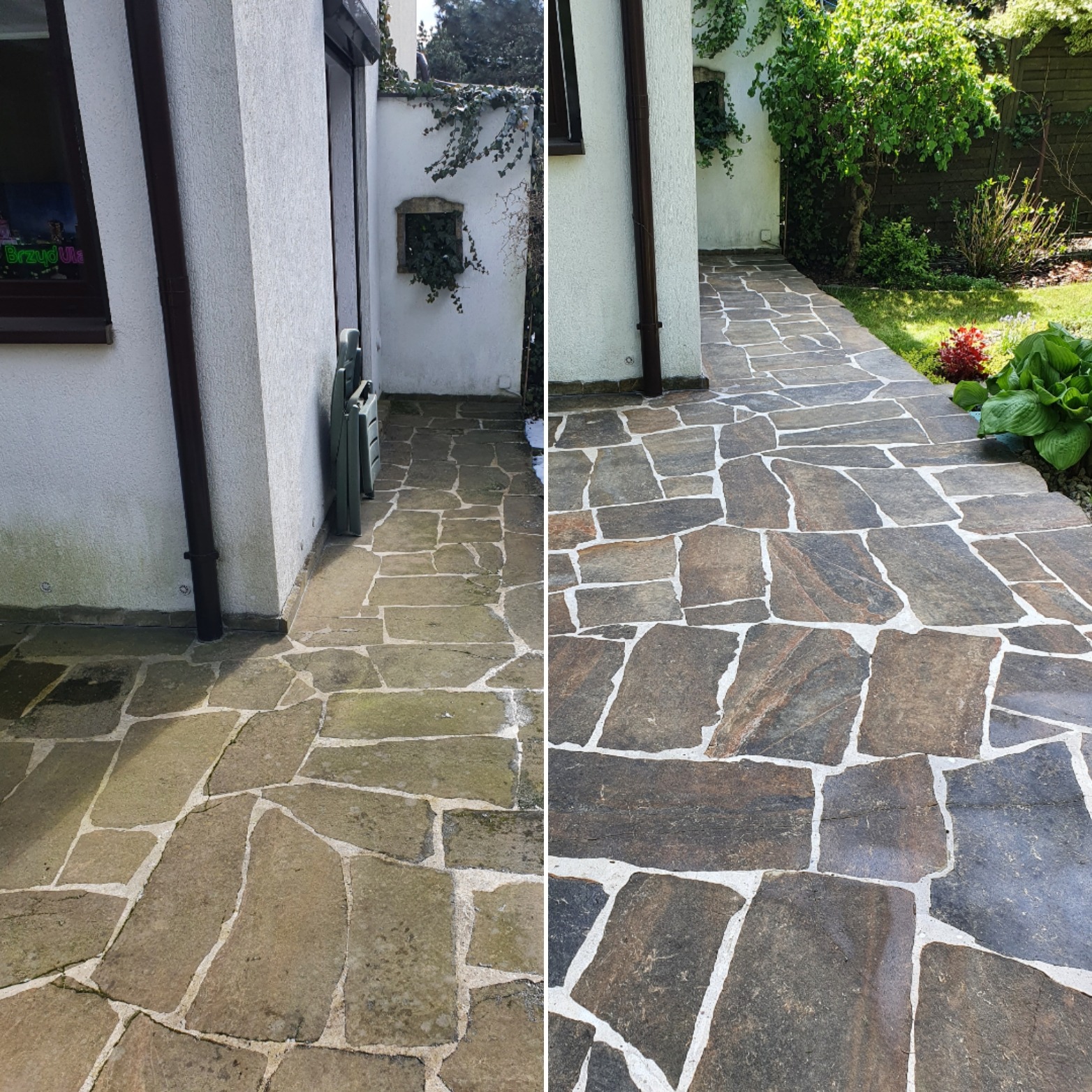 Porównanie stanu kostki kamiennej przed i po czyszczeniu: po lewej stronie widoczny zielony nalot, po prawej czysta, brązowo-szara powierzchnia.
