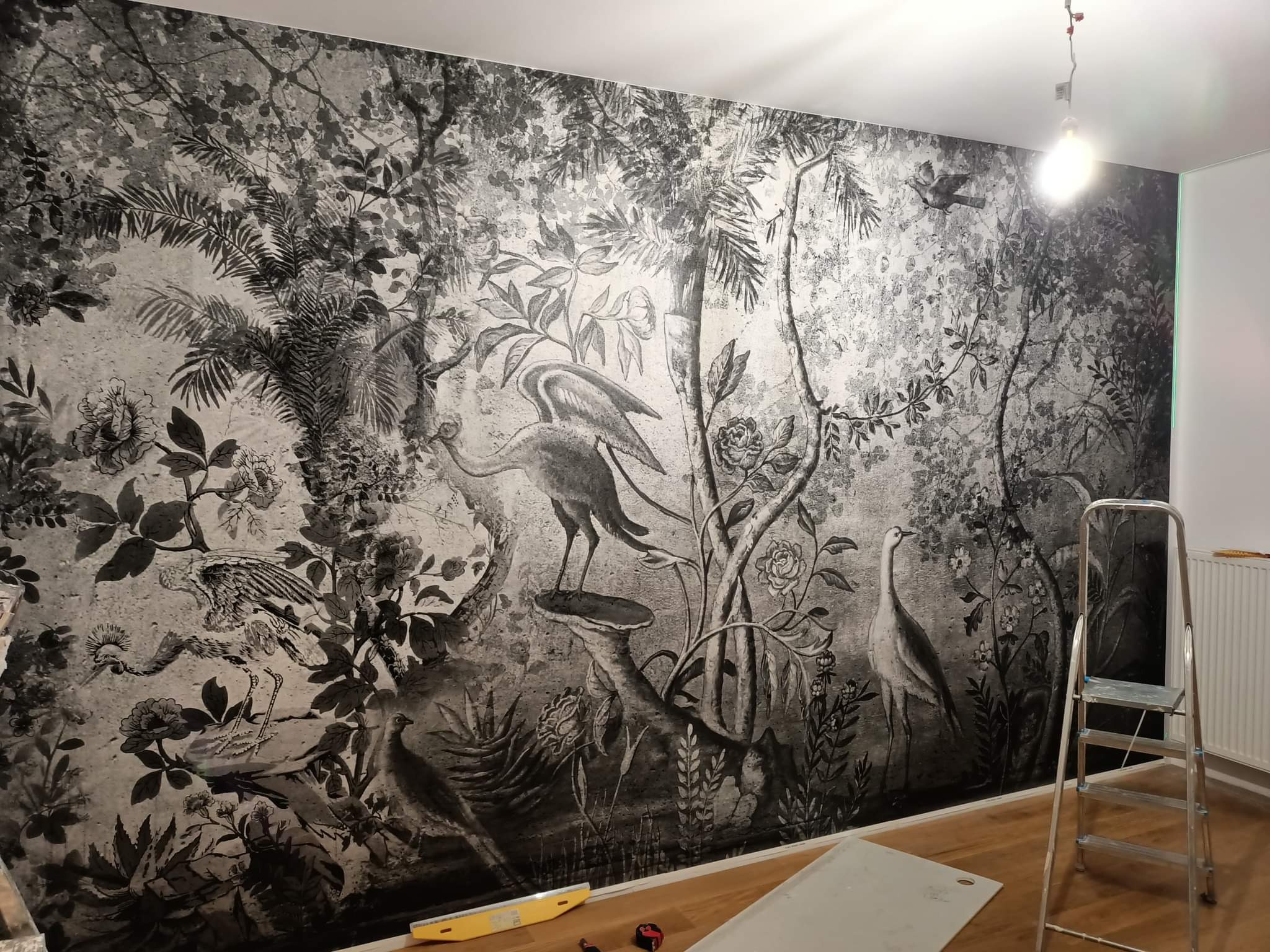 Ściana z fototapetą przedstawiającą czarno-biały motyw dżungli z ptakami, drabina aluminiowa oparta o ścianę, widoczne narzędzia pomiarowe na podłodze, żarówka zwisająca z sufitu.