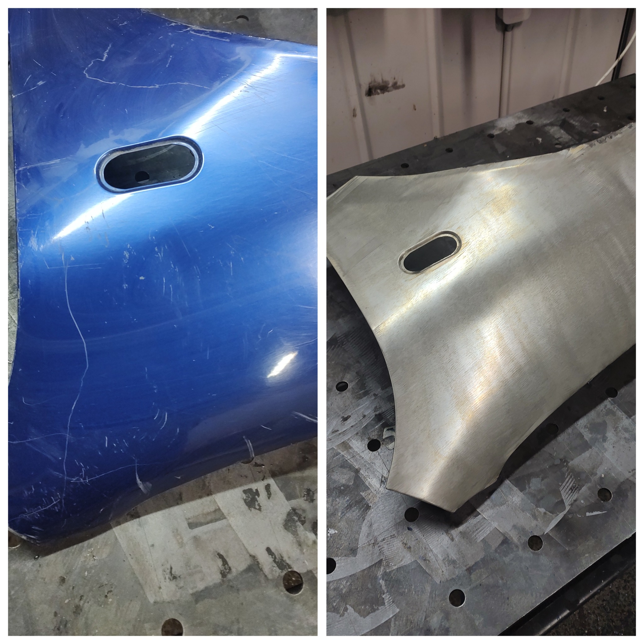 Porównanie: Niebieski, porysowany element karoserii samochodowej przed i po obróbce, ukazujący usunięcie starej powłoki i przygotowanie do nowego lakierowania.