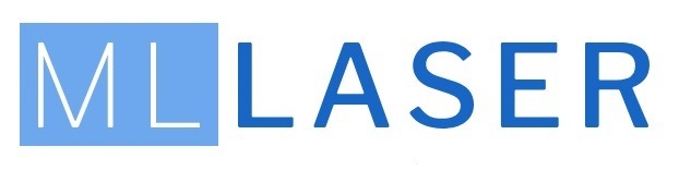 Logo firmy ML Laser z niebieskim prostokątem i napisem w kolorze niebieskim
