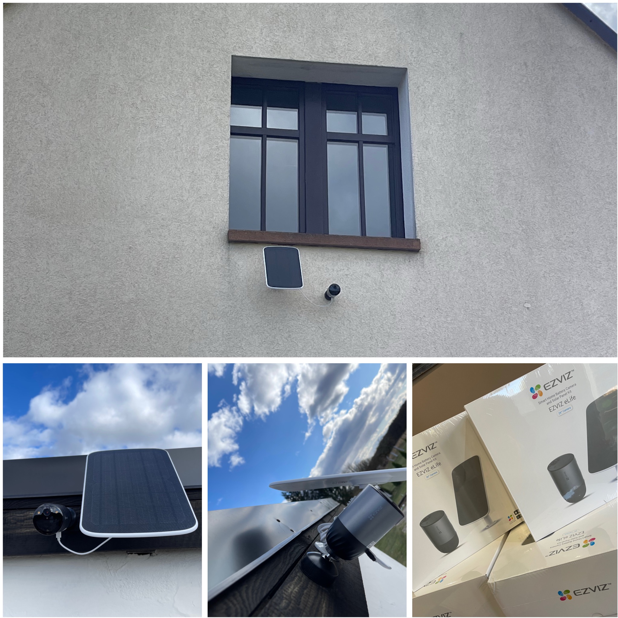 Zewnętrzna kamera monitoringu z panelem solarnym marki EZVIZ, zamontowana na elewacji budynku pod oknem. Widoczne pudełka z zestawami kamer.