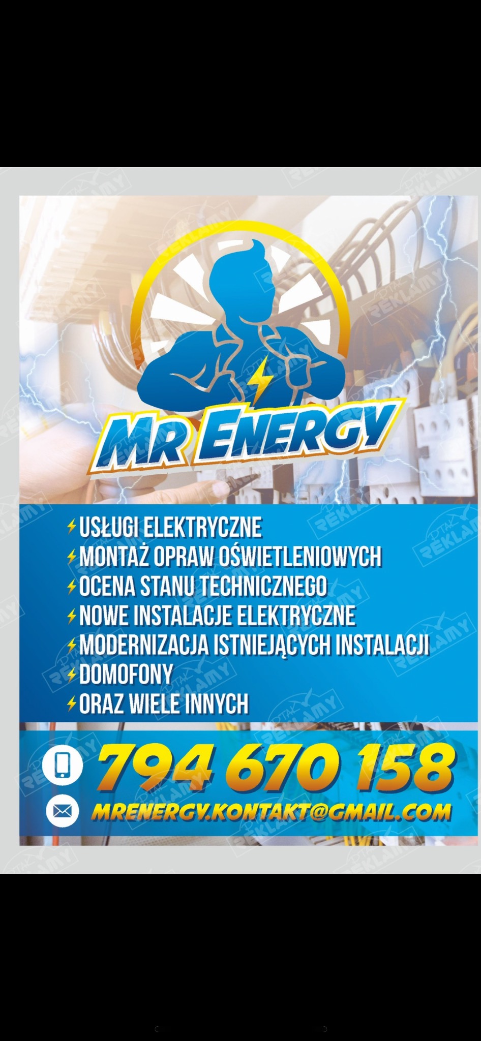 Reklama firmy elektrycznej Mr Energy z sylwetką muskularnego mężczyzny w aureoli, oferującej usługi elektryczne, montaż oświetlenia, ocenę stanu technicznego, nowe instalacje, modernizacje...