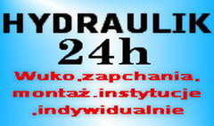 Niebieskie tło z napisem 'HYDRAULIK 24h' w kolorze czarnym. Poniżej czerwony tekst: 'Wuko, zapchania, montaż, instytucje, indywidualnie'.