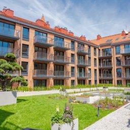 ADONIS Ogrody Andrzej Judziński - Dziedziniec nowoczesnego apartamentowca z zielonym trawnikiem, zadbaną roślinnością w donicach i białym żwirem. Budynek z cegły z balkonami w tle.