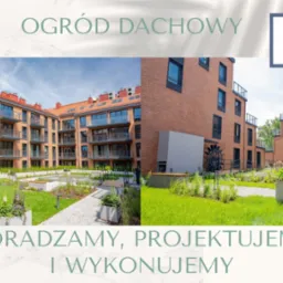 Ogród dachowy z zielonym trawnikiem, ścieżkami z białego żwiru i nowoczesną architekturą budynków w tle, prezentowany w dwóch ujęciach.