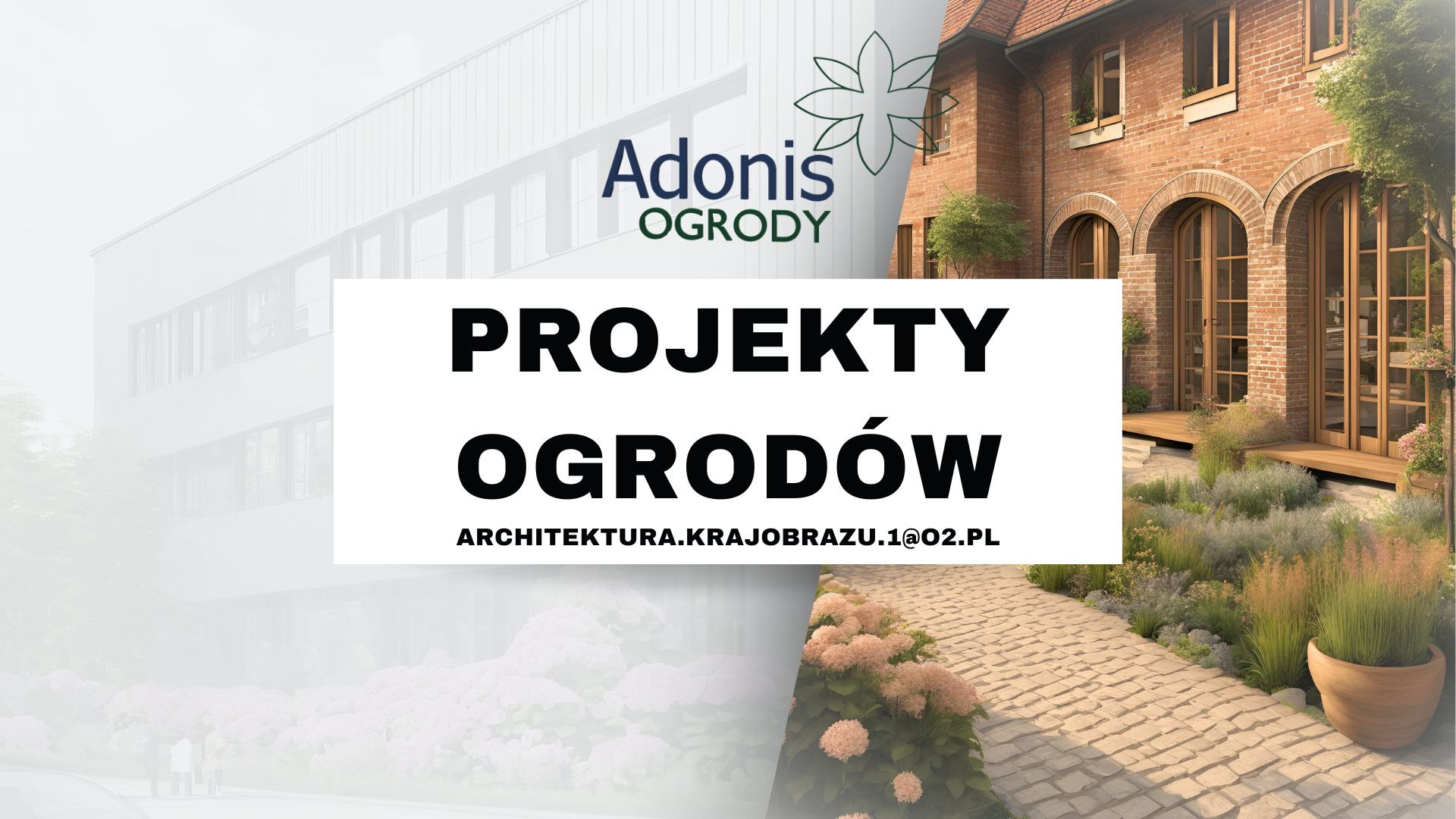 Logo firmy Adonis Ogrody prezentujące wizualizację projektu ogrodu z brukowaną ścieżką i budynkiem w tle.
