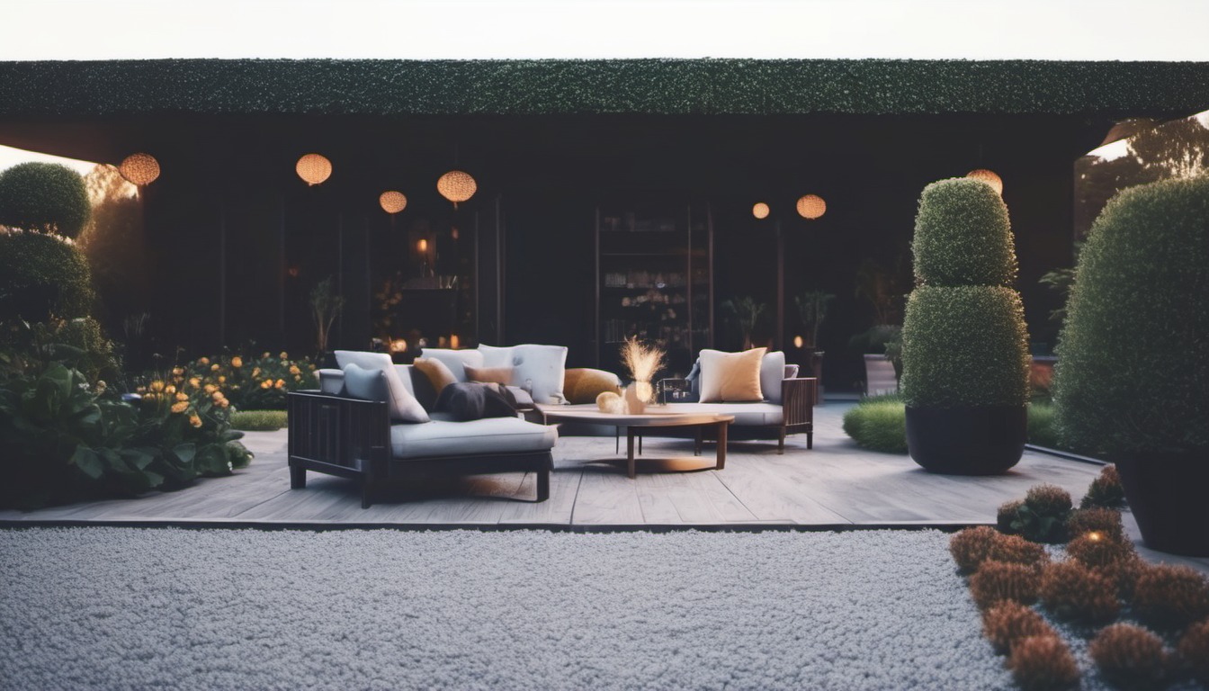 Elegancki, zacieniony taras z drewnianą podłogą, szarymi meblami wypoczynkowymi i okrągłym stolikiem kawowym, otoczony bujną zielenią i dekoracyjnymi kulami świetlnymi.