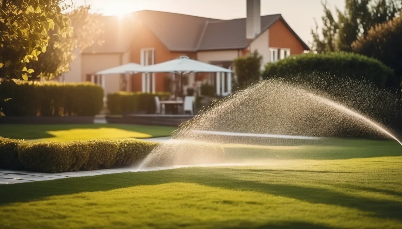 Automatyczne nawadnianie trawnika w ogrodzie, zraszacze w akcji, w tle dom z białym parasolem ogrodowym.