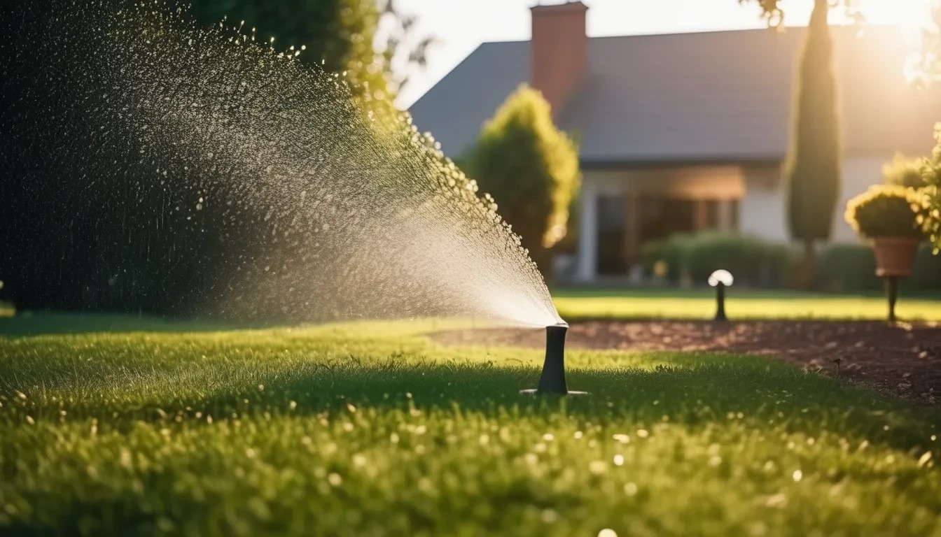 Automatyczny system nawadniania trawnika w ogrodzie przydomowym z widocznym zraszaczem i kroplami wody w promieniach zachodzącego słońca, dom w tle.