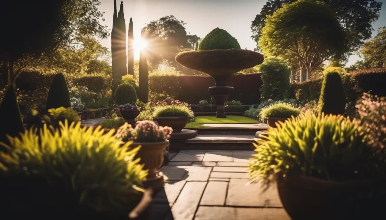 Ogród w stylu formalnym z fontanną, geometrycznie przyciętymi krzewami i ścieżką z jasnej kostki, oświetlony popołudniowym słońcem.