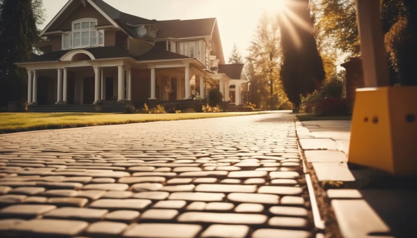 Ułożona kostka brukowa prowadząca do dużego domu z kolumnami w słoneczny dzień, widok z niskiej perspektywy.