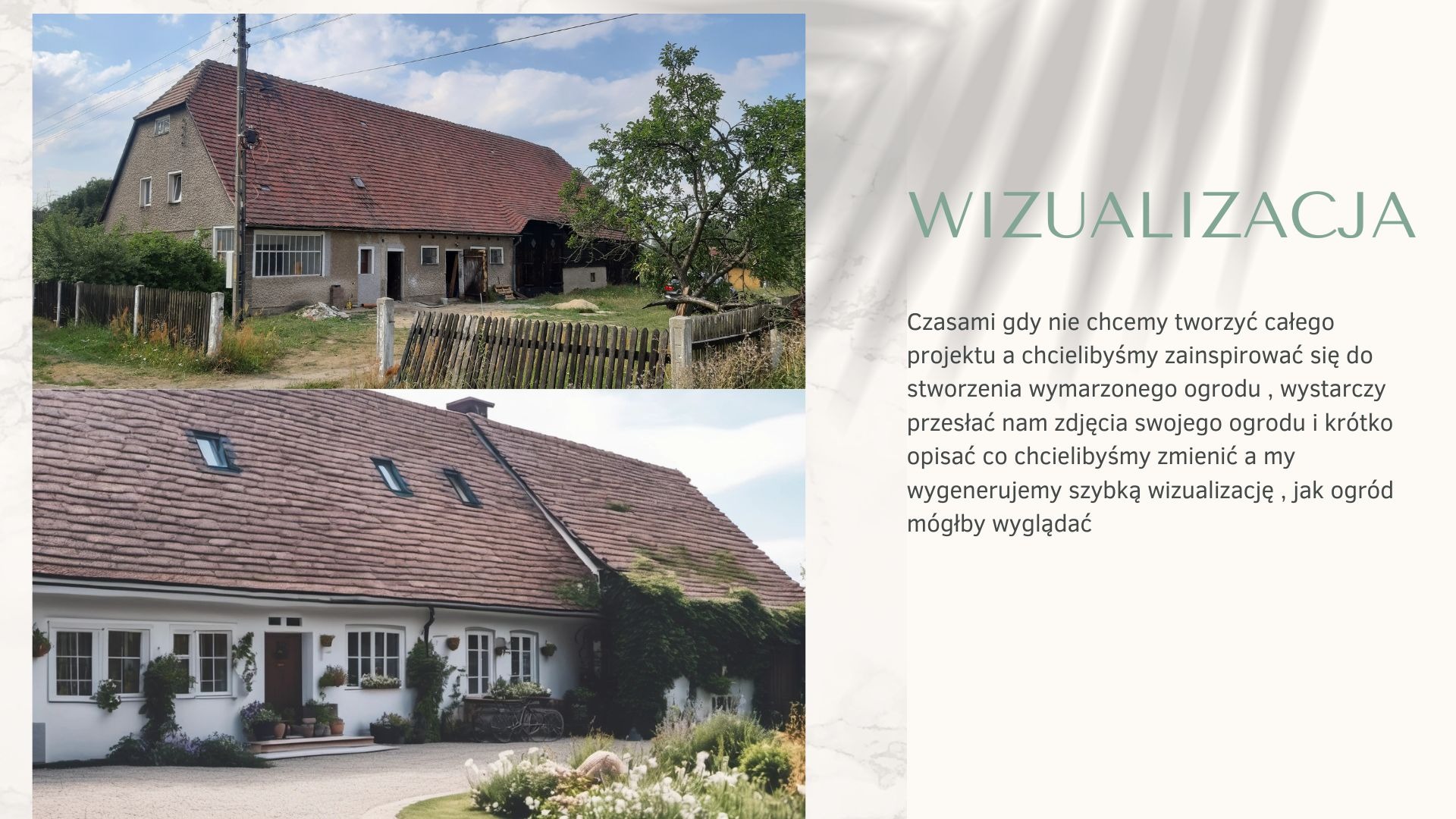 Porównanie: Dom przed i po metamorfozie ogrodu. Na dole odnowiona elewacja, zadbana zieleń, krzewy i kwiaty. U góry stan pierwotny.