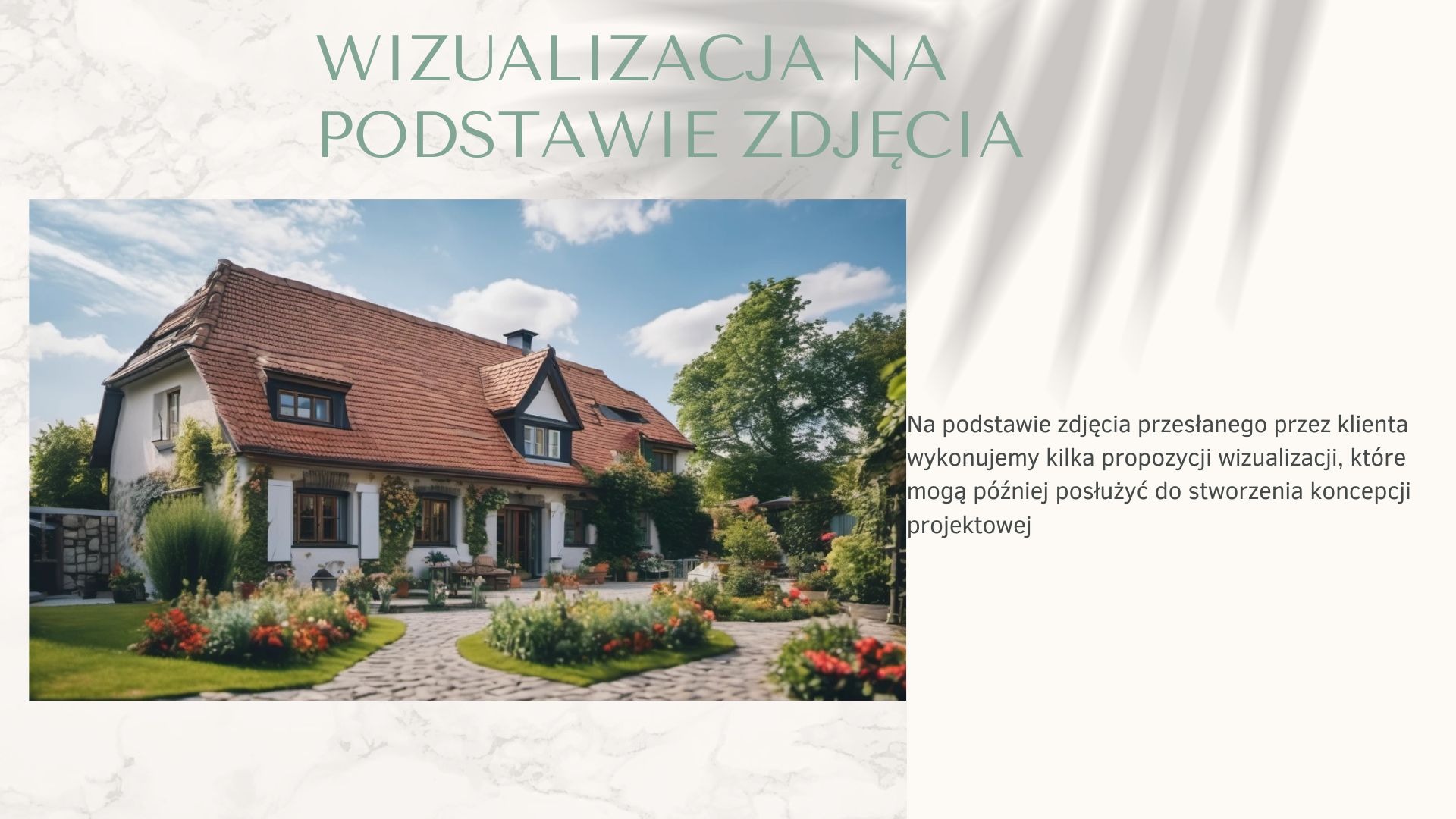 Wizualizacja domu z ogrodem na podstawie zdjęcia klienta. Projekt koncepcyjny z czerwonym dachem, kamienną ścieżką i zielonymi roślinami. Jasne niebo, słoneczny dzień.