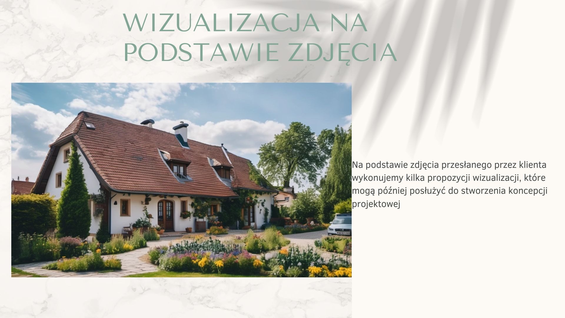 Wizualizacja domu z ogrodem, stworzona na podstawie zdjęcia klienta. Biały budynek z czerwoną dachówką otoczony kwiatami i zielenią, błękitne niebo w tle.