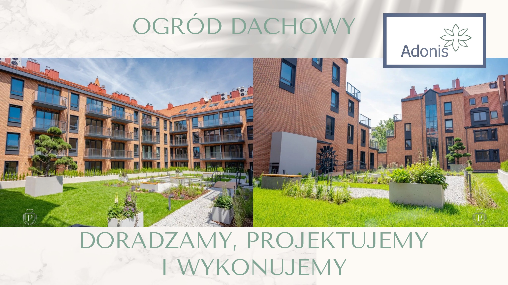 Ogród dachowy z zielonym trawnikiem, ścieżkami z białego żwiru i nowoczesną architekturą budynków w tle, prezentowany w dwóch ujęciach.