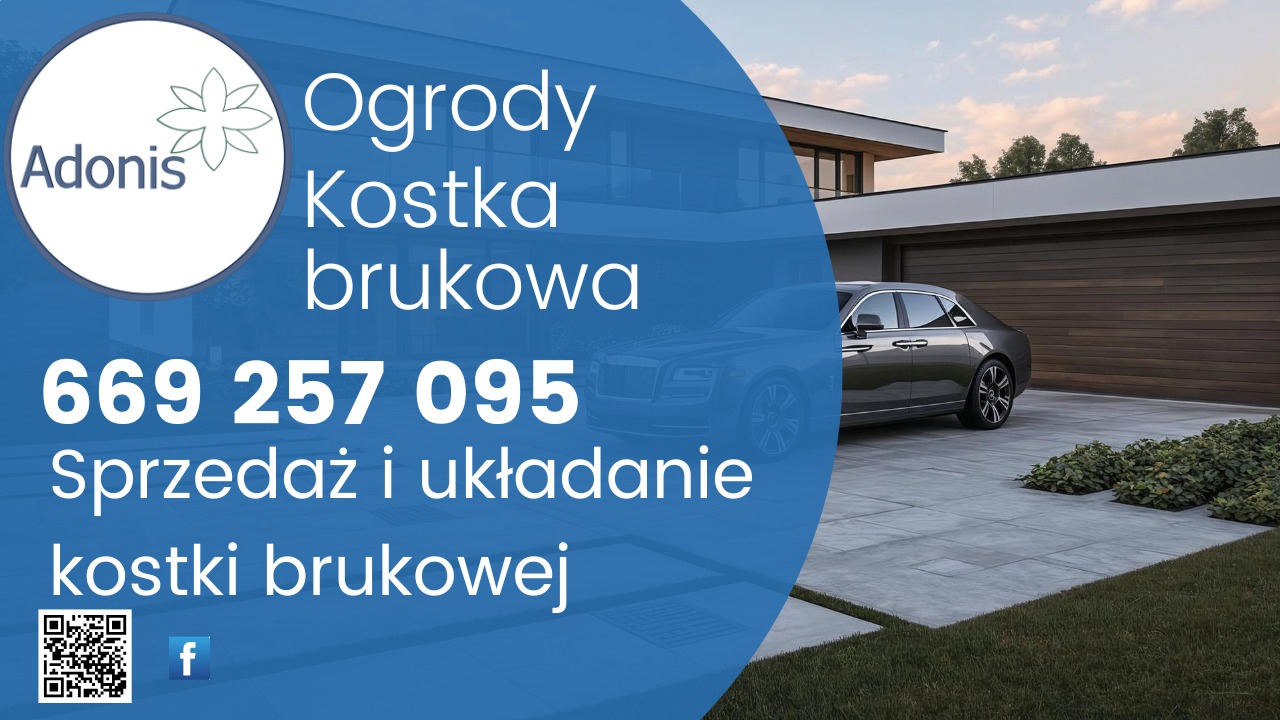 Nowoczesny podjazd z kostki brukowej w Lubinie, z luksusowym autem na tle garażu. Reklama firmy z logo, numerem telefonu i informacją o sprzedaży i układaniu.