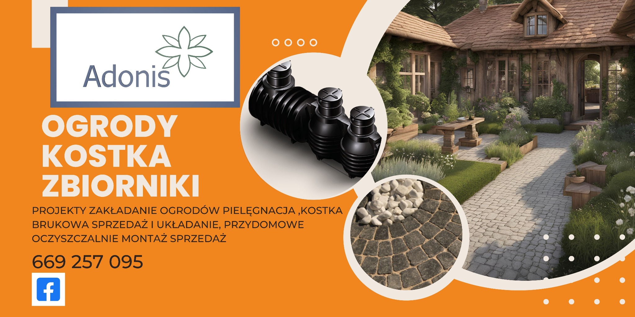 Projekt ogrodu z kostką brukową i zbiornikiem retencyjnym, prezentowany na tle domu z drewnianą elewacją. Całość w ciepłej kolorystyce, z elementami zieleni.