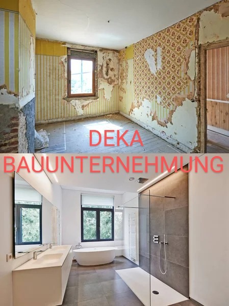 Porównanie stanu łazienki przed i po remoncie: od pokoju z odchodzącymi tapetami i starym oknem do nowoczesnej, minimalistycznej łazienki z kabiną prysznicową typu walk-in, wolnostojącą wanną...