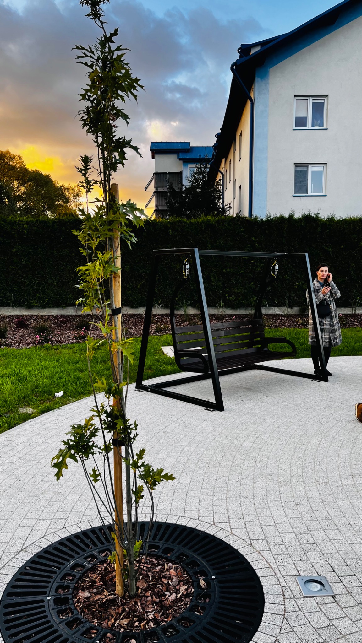 Nowoczesna huśtawka ogrodowa z czarnej stali, umieszczona obok młodego drzewka w metalowej osłonie na tle budynku mieszkalnego i zachodzącego słońca.