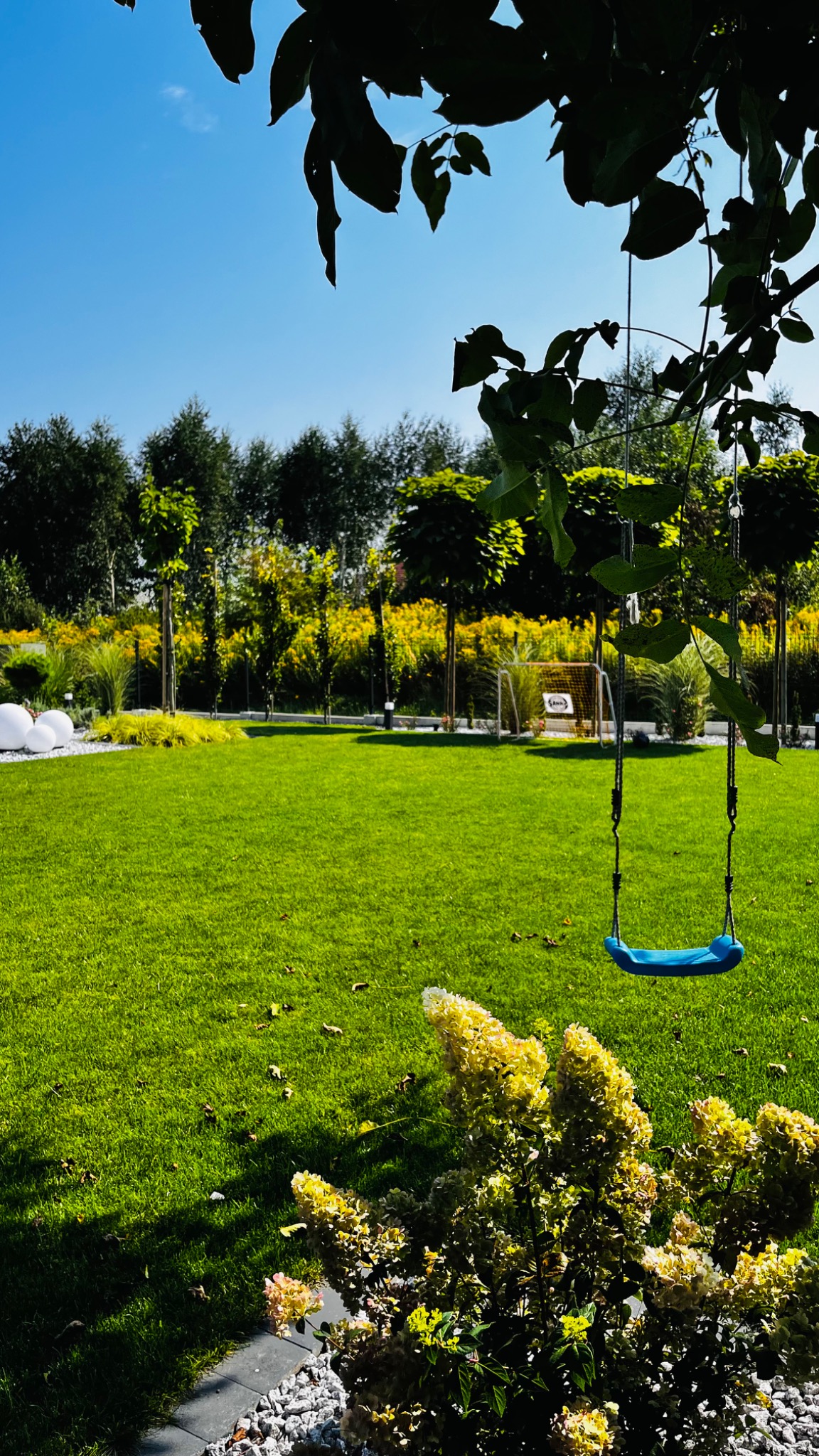 Starannie utrzymany trawnik z huśtawką zawieszoną na drzewie, w tle rząd drzew i krzewów, widoczna siatka do gry w piłkę nożną.