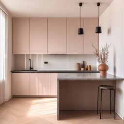 Cook And Style Dawid Jurkowski - Minimalistyczna kuchnia w odcieniach pudrowego różu z czarnymi lampami wiszącymi i blatem z szarego marmuru, uzupełniona o drewnianą podłogę i dekoracyjny wazon.