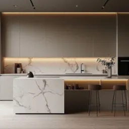 Elegancka kuchnia z wyspą z marmurowym wzorem, podświetleniem LED i minimalistycznymi hokerami. Nowoczesny design z dbałością o detale i funkcjonalność.