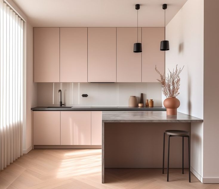 Minimalistyczna kuchnia w odcieniach pudrowego różu z czarnymi lampami wiszącymi i blatem z szarego marmuru, uzupełniona o drewnianą podłogę i dekoracyjny wazon.