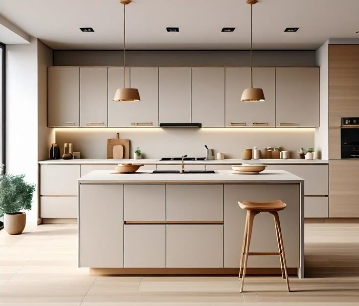 Jasna kuchnia z wyspą, minimalistyczne szafki, drewniany stołek barowy i delikatne oświetlenie LED pod szafkami wiszącymi. Nowoczesny design.