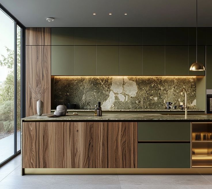 Elegancka kuchnia z drewnianymi frontami i marmurowym blatem, oświetlona ciepłym światłem, z widokiem na zieleń za oknem. Minimalistyczny design z akcentami złota.
