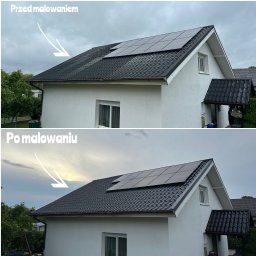 DKMAL MALOWANIE DACHÓW - Dach z panelami słonecznymi przed i po malowaniu, widoczne różnice w kolorze i czystości. Ujęcie z boku domu, kontrastujące niebo, efekt 'przed i po'.