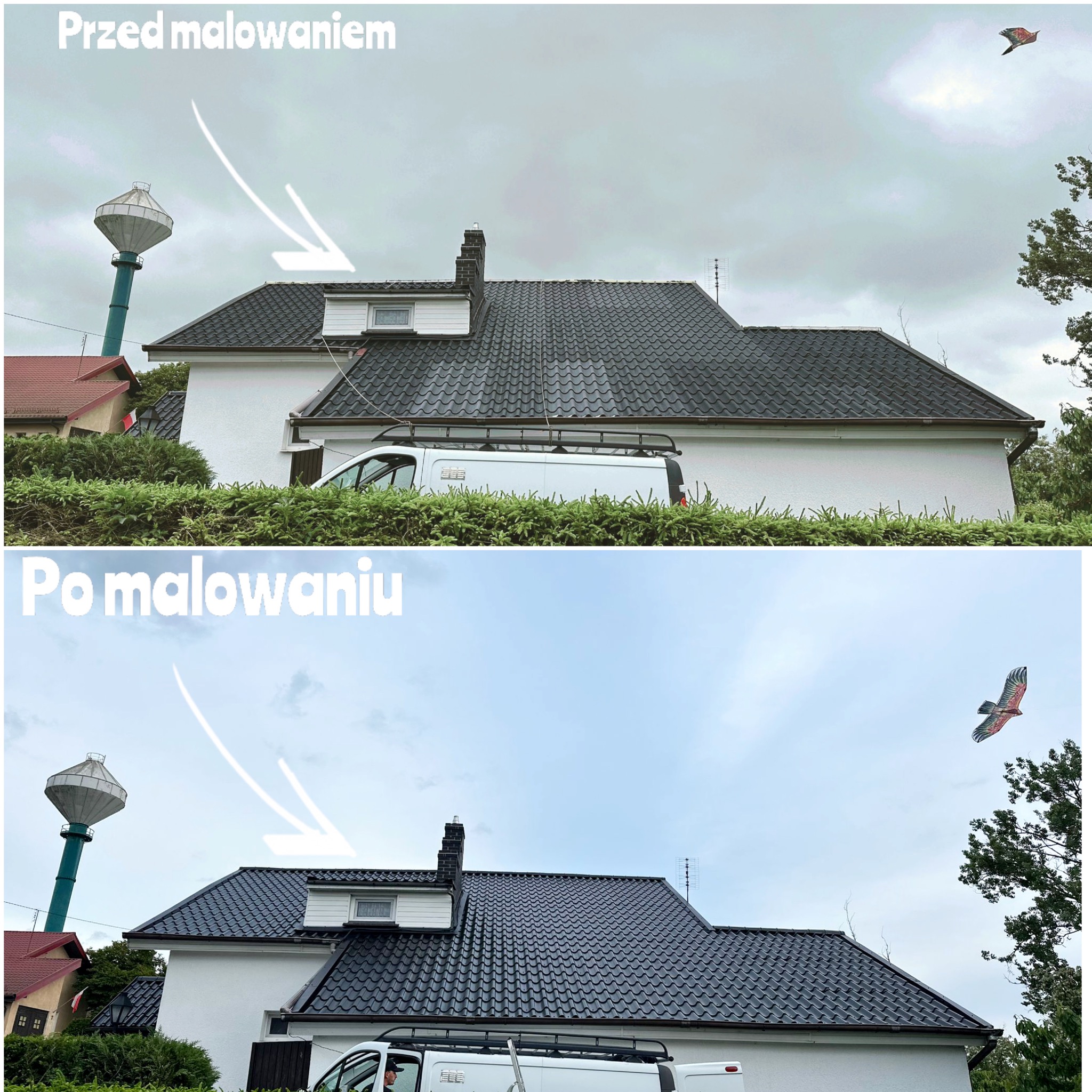 Zdjęcie dachu domu przed i po malowaniu, z widocznym samochodem dostawczym i latawcem w kształcie ptaka na niebie. Dach pokryty ciemną dachówką.