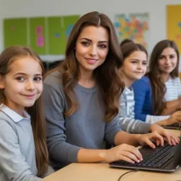 Uśmiechnięta nauczycielka pomaga grupie dziewcząt w wieku szkolnym pracować na laptopach w jasnej klasie z kolorowymi plakatami na ścianach.