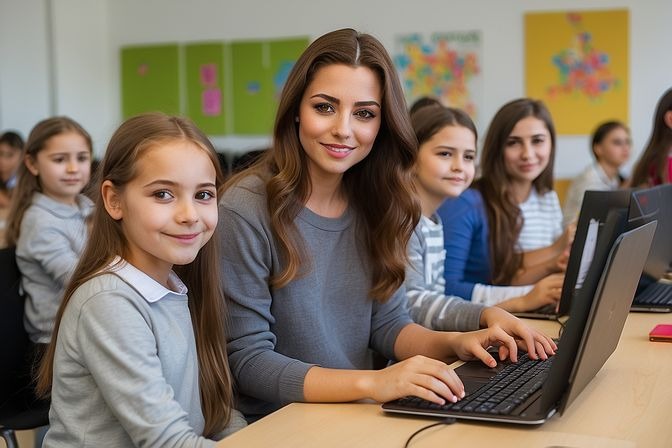 Uśmiechnięta nauczycielka pomaga grupie dziewcząt w wieku szkolnym pracować na laptopach w jasnej klasie z kolorowymi plakatami na ścianach.